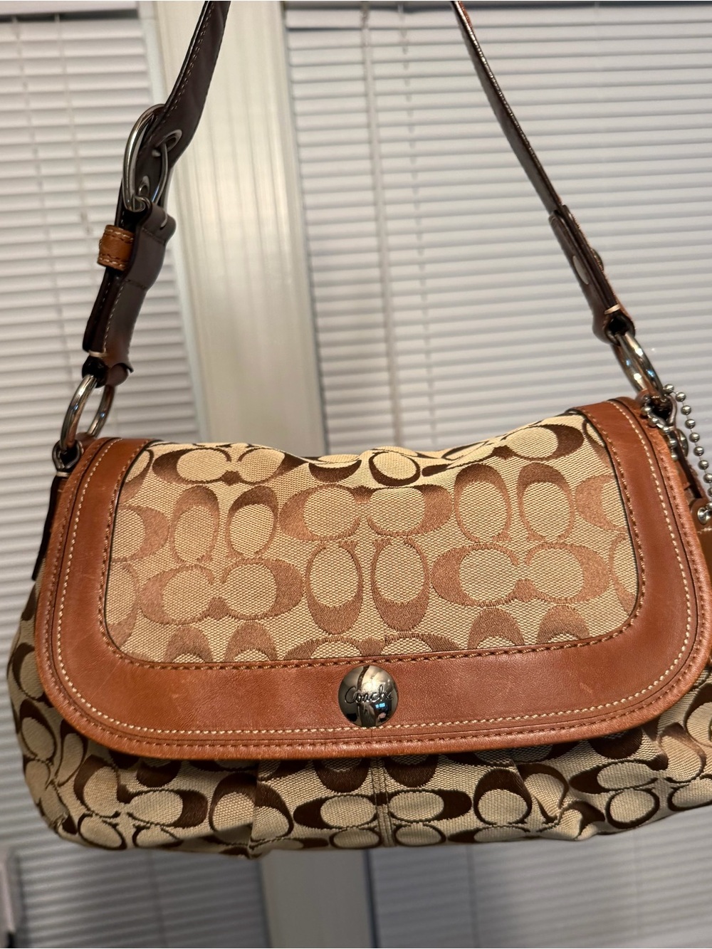 Coach Tan Signature Canvas Shoulder Bag with Leather Trim